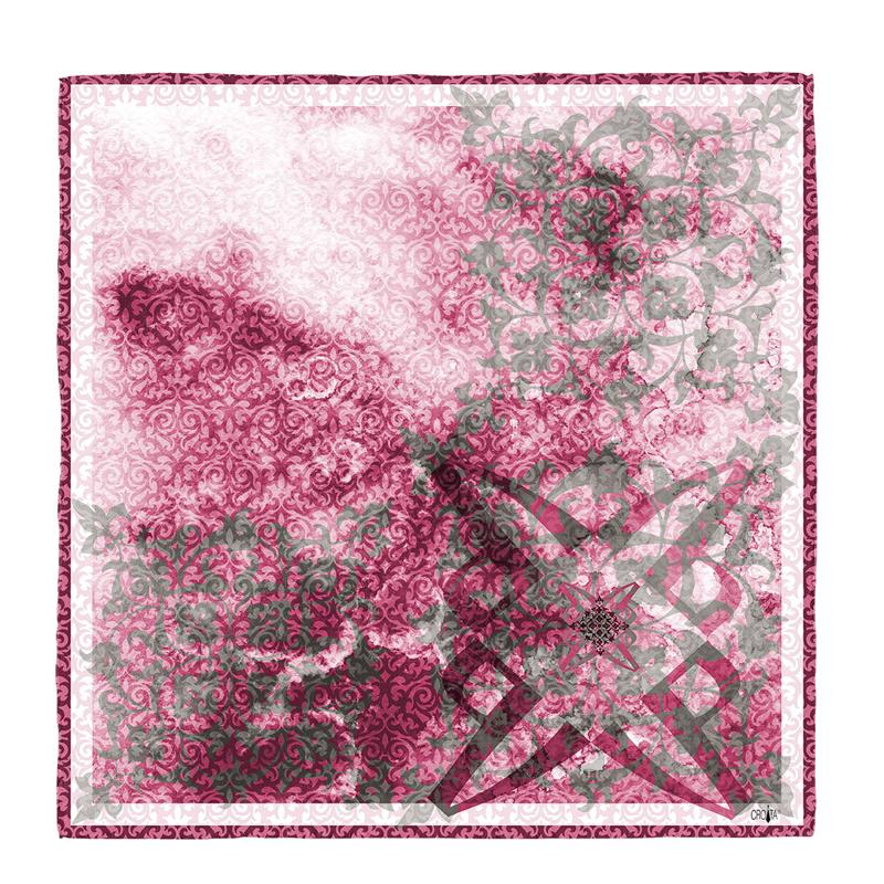 Scarf CROATA Dubrovnik Thematic  Glagolitic alphabet Magenta  Wool 48%, Silk 35%, Cashmere 17%  