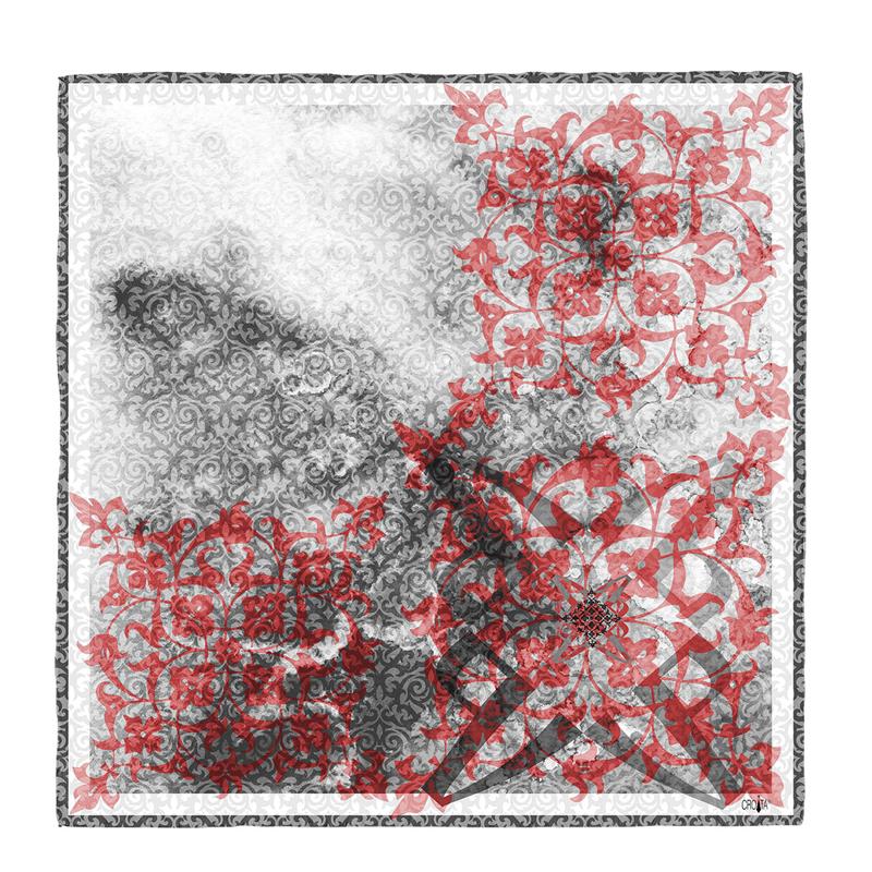 Scarf CROATA Dubrovnik Thematic  Glagolitic alphabet Grey  Wool 48%, Silk 35%, Cashmere 17%  