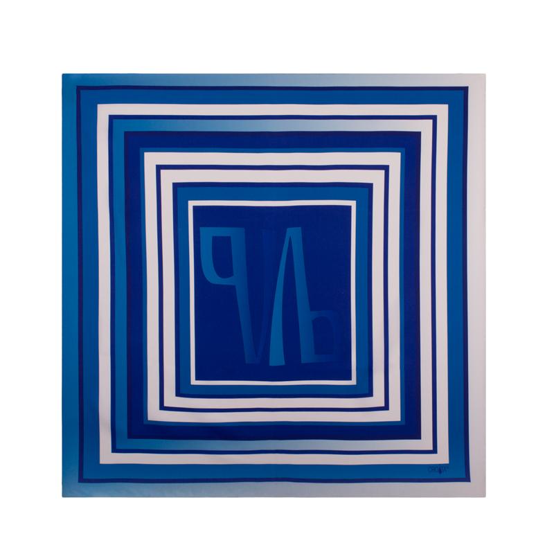Small scarf CROATA Thematic Scarf, thematic Glagolitic alphabet Blue  Silk 100%  