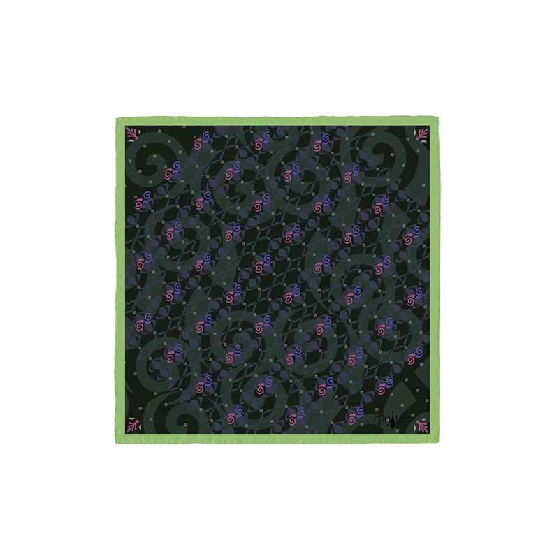 Small scarf CROATA Classic Scarf, classic Flora and Fauna Green  Silk 100%  