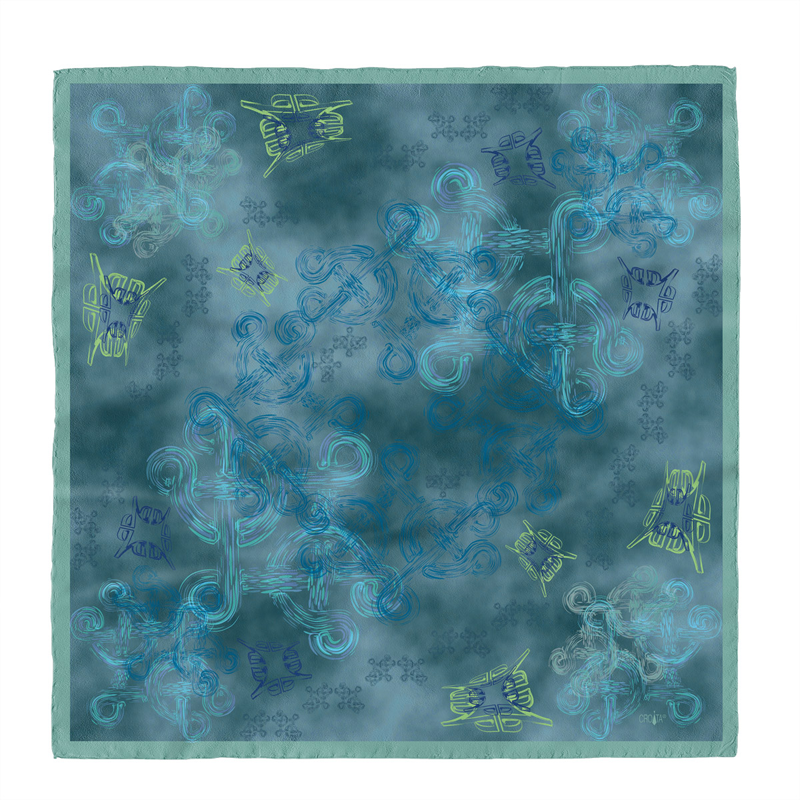 Scarf CROATA Brijuni Thematic  Braiding and glagolitic alphabet Olive  Silk 100%  