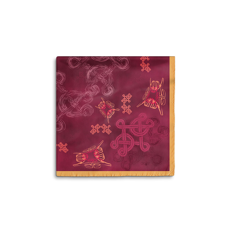Scarf CROATA Brijuni Thematic  Braiding and glagolitic alphabet Wine red  Silk 100%  