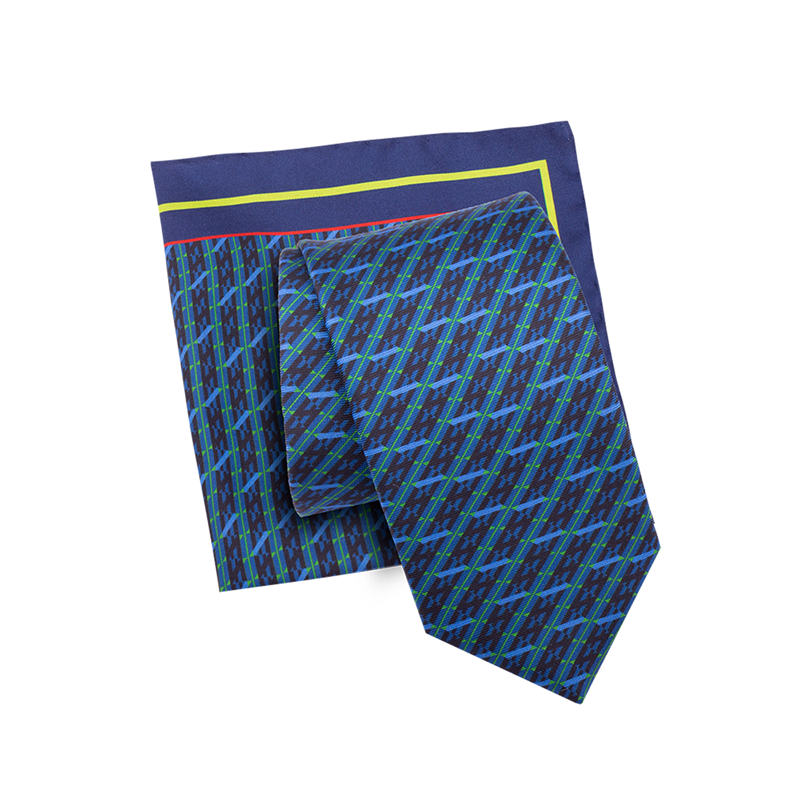 Cravat and pocket square set CROATA Classic Set of 2 products Lines Blue  Silk 100%  