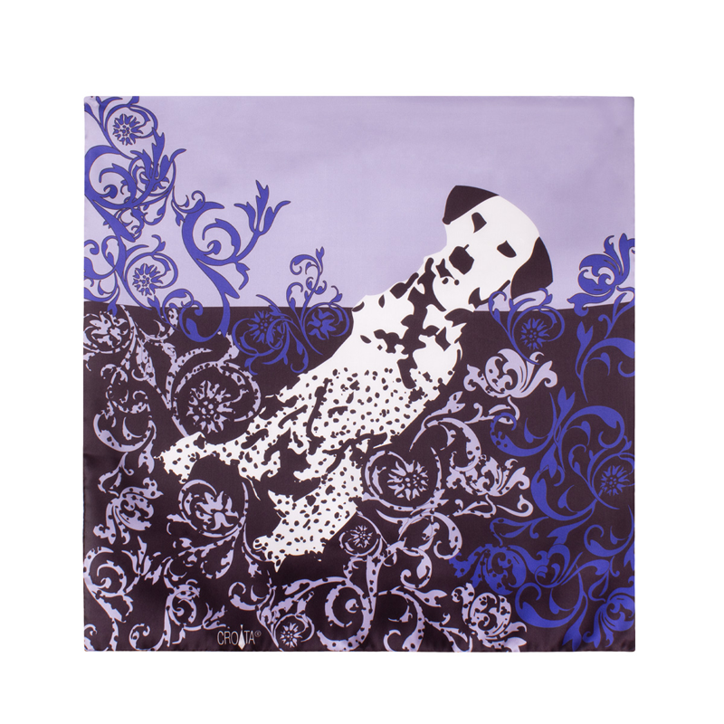 Small scarf CROATA Thematic Scarf, thematic Dalmatian dog Purple  Silk 100%  