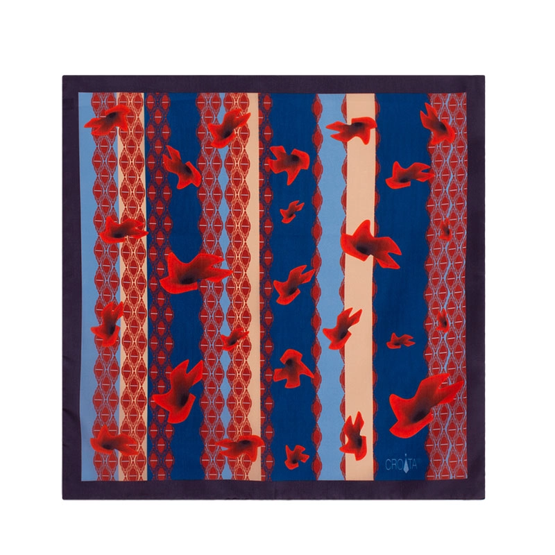 Small scarf CROATA Classic  Flora and Fauna Blue  Silk 100%  